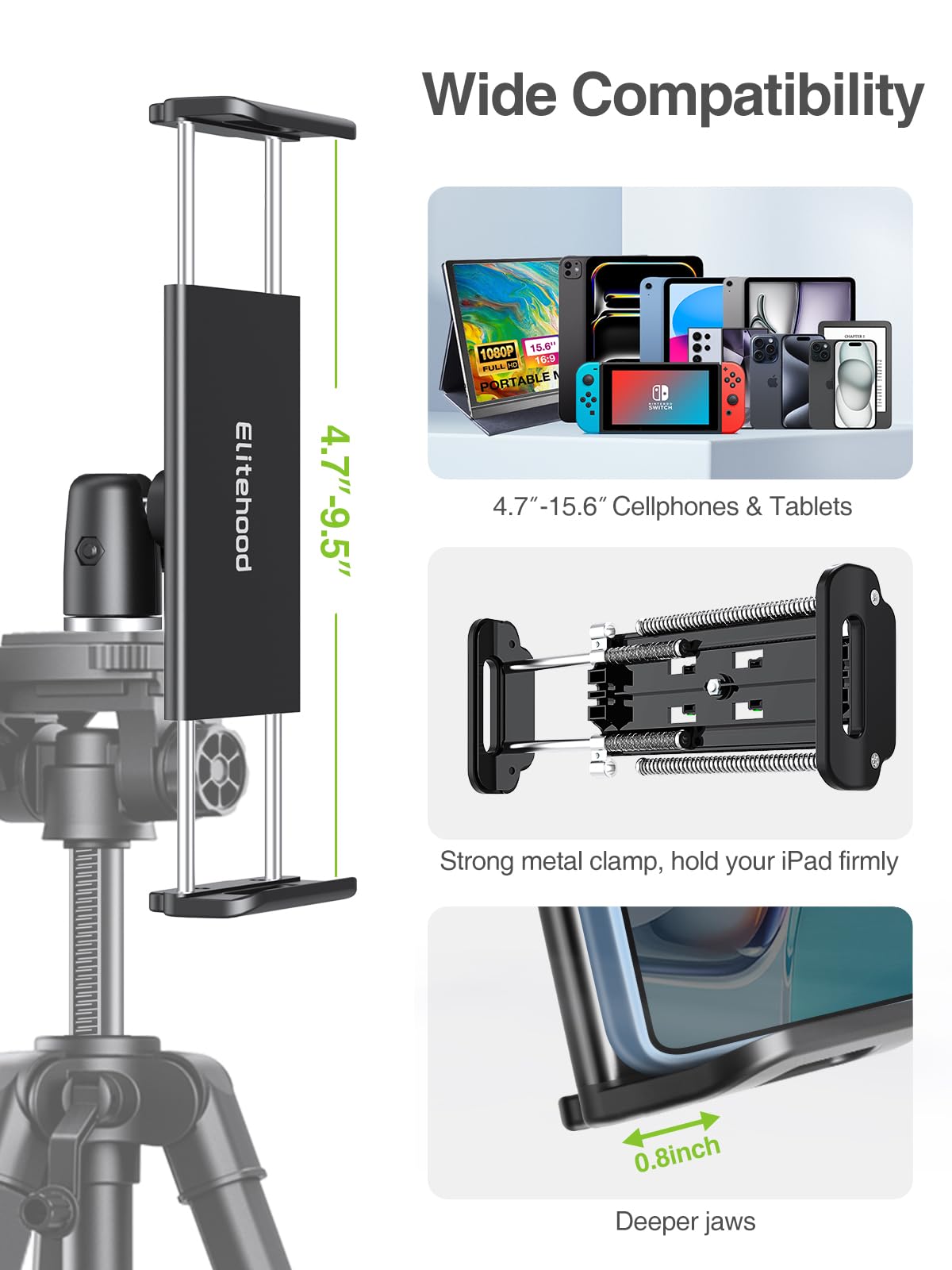 Elitehood 68 Heavy Duty iPad Tripod - Ultra-Stable Stand for iPad Pro 12.9, Tablets & DSLR, Perfect for Video Recording & Photography, Black